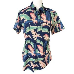RSVLTS Womens M Blue Tropical Leaf Hawaiian KUNUFLEX Stretch Shirt